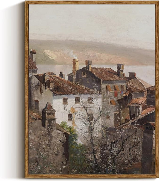 VIYYIEA Vintage Framed Canvas Wall Art, European Towns Landscapes Art, Living Room Hallway Bedroom Library Rustic Retro Neutral Decor, Antique Country Town Picture Paintings,12x16 Inch