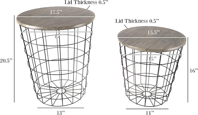 End Tables Set of 2 - Nesting Tables with Removable Wood Tops and Metal Basket Bases for Blanket Storage - Round Side Furniture for Living Room, Bedroom, or Home Office by Lavish Home (Gray/Black)