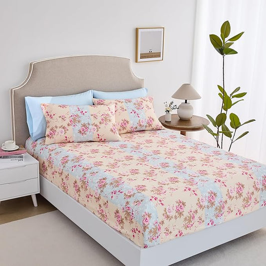 Twin Size Bed Sheets Set Deep Pockets - 6PC Floral Ultra Soft Microfiber Bed Sheets - Easy to Clean, 90 Thread Count Sheets with Fitted Sheet, Flat Sheet & Pillowcases (Beige Floral)