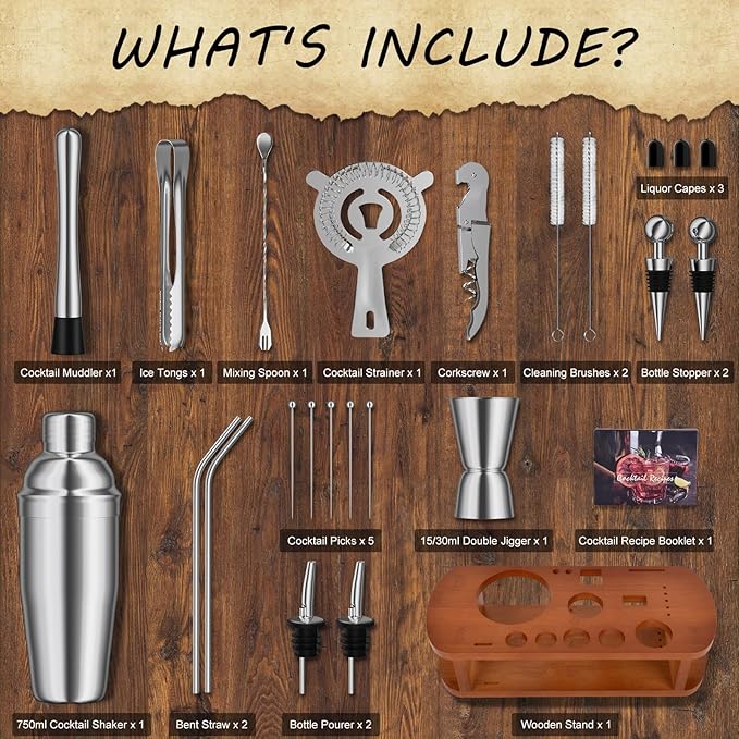 Cocktail Shaker Set with Stand - 25pcs Mixology Bartender Kit 25oz Professional Bar Tools Set Bar Accessories for Drink Mixing, Bartender Gifts for Home Bar, Parties