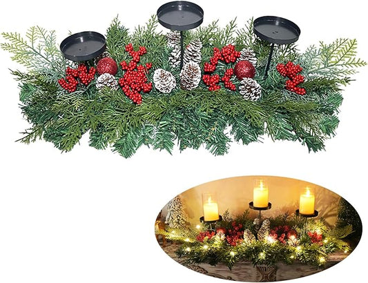 27.6" Christmas Table Centerpiece with Lighs Christmas Candle Holders with 3 Trays Red Berries Balls Pine Cones Christmas Pine Garland Lights Decoration for Centerpiece Table Mantel Holiday Home Decor