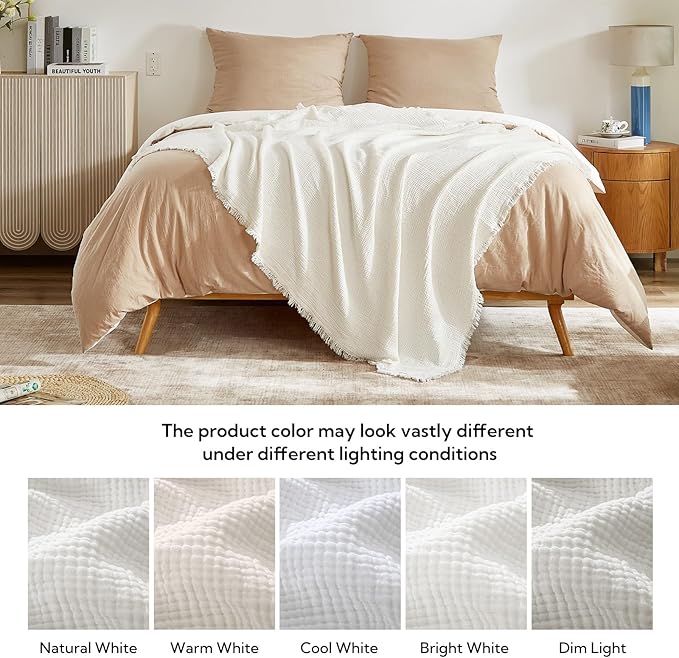 SOULFUL Muslin Throw Blanket with Tassels - Soft Queen Cotton Throw Blanket for Couch or Bed, Lightweight and Breathable Gauze for All Seasons, White, 90" x 90"