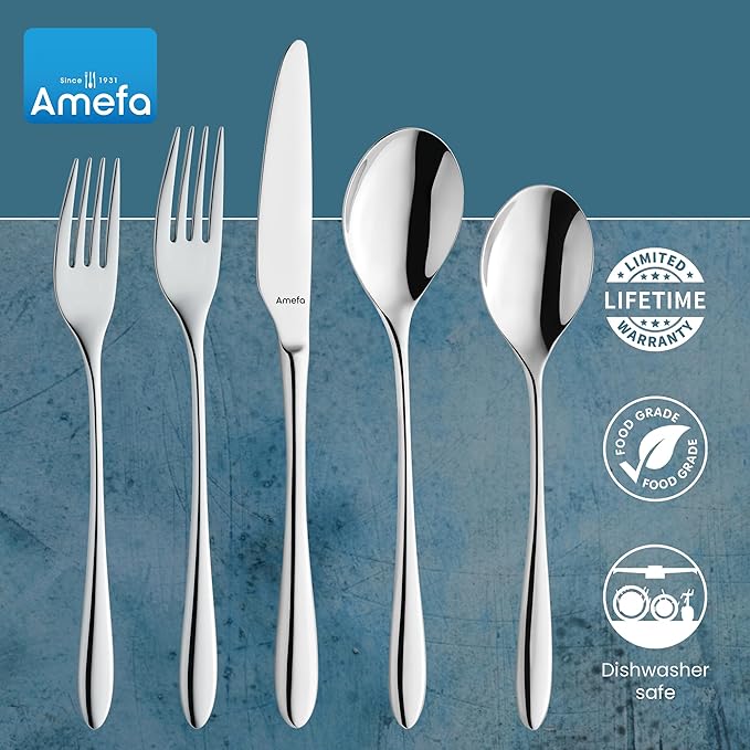 Amefa 45-Piece Silverware Flatware Cutlery Set Service for 8, Durable 18/10 Stainless Steel High Gloss Mirror Finish, tableware in Ergonomic Design Size and Weight, Dishwasher Safe (Cuba)