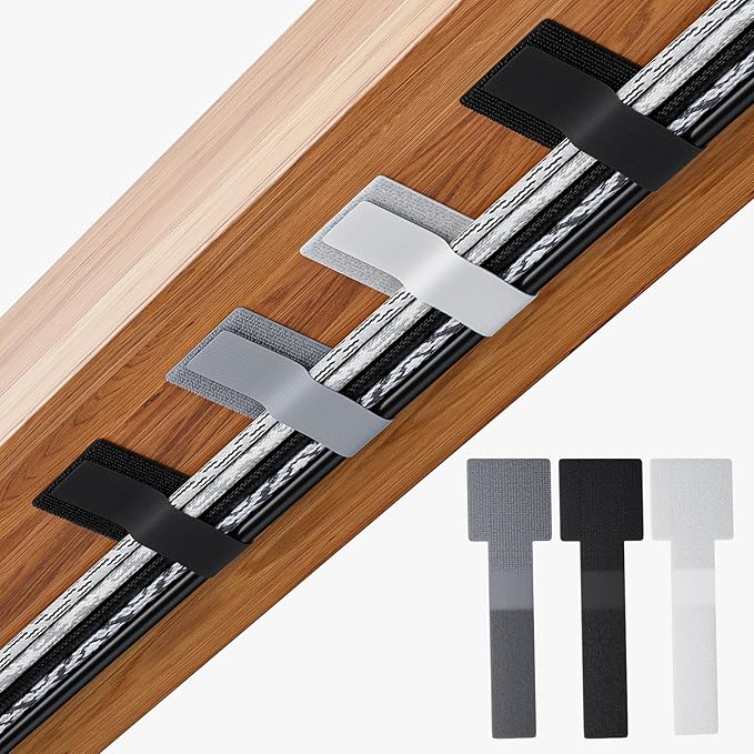 150pcs Hook and Loop Cable Ties, gliship Adhesive Wire Management, Adjustable Cable Straps Keeper Cord Holder, Sticky-Back Cord Organizer for Kitchen Appliances, Office, Home - Grey＆White＆Black