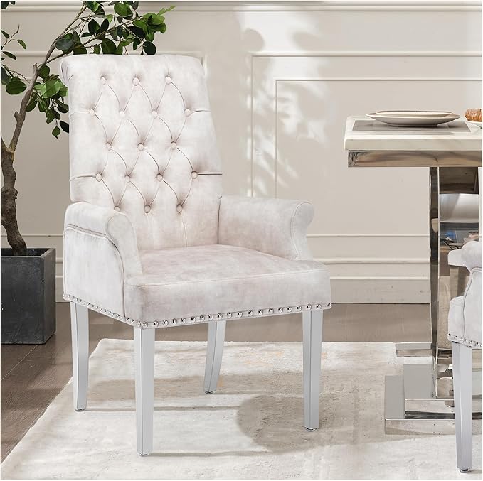 AODCHR Upholstered Velvet Accent Dining Chair, Elegant Tufted Dining Room Kitchen Room Arm Chair with Stainless Steel Leg, Beige