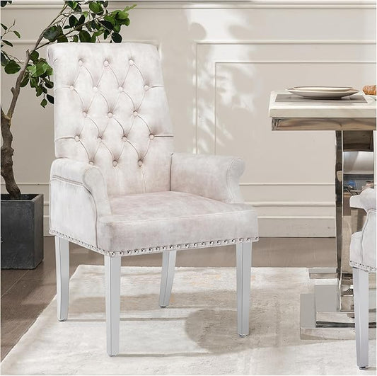 AODCHR Upholstered Velvet Accent Dining Chair, Elegant Tufted Dining Room Kitchen Room Arm Chair with Stainless Steel Leg, Beige