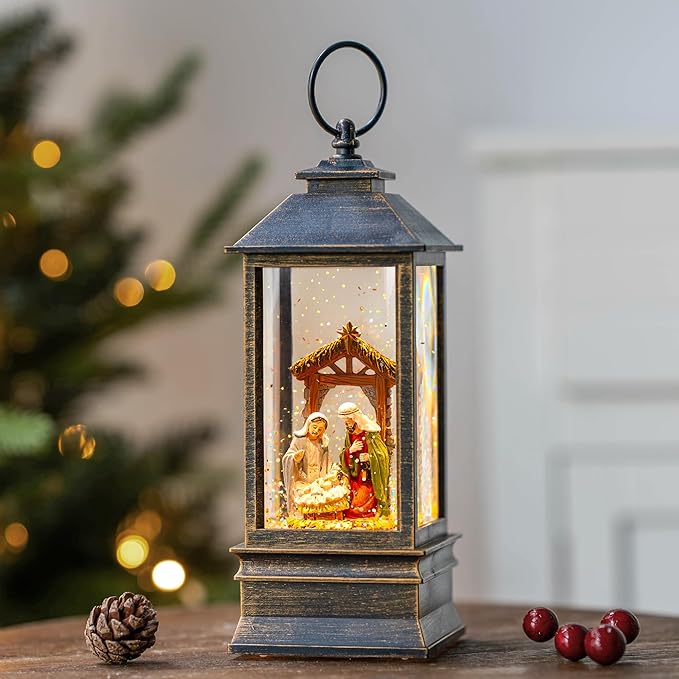 10.4" Christmas Snow Globe Water Lantern with Nativity Scene Battery Operated or USB Powered Musical Lighted Holiday Decoration for Tabletop Display for Family and Friends