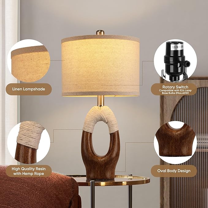 Set of 2 Boho Rattan Table Lamps,21" Farmhouse Rustic Table Lamp for Bedroom Night Stands,Wood Grain Color Resin Bedside Lamps with Linen Shades for Living Room Coastal Beach Decor(Bulbs Not Included)