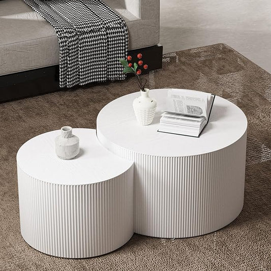 Round Coffee Table Set of 2 Modern Nesting Coffee Tables for Living Room Wave Stripe Round Coffee Table for Bedroom Office No Need Assembly (M)
