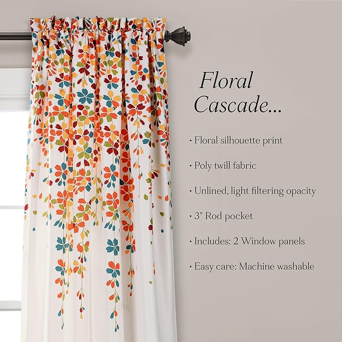 Lush Decor Weeping Flower Light Filtering Window Curtain Panels, Pair, 52"W x 84"L + 2" Header, Turquoise & Tangerine - Charming Modern Floral Curtains for Living Room, Dining Room, & Bedroom
