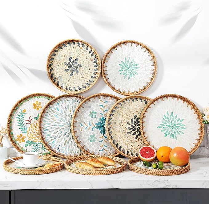 14" Large Rattan Serving Tray with Mother of Pearl, Round Coffee Table Tray Decor, Boho Decorative Round Hand-Woven Wicker Home Decor (Galaxy Blue)