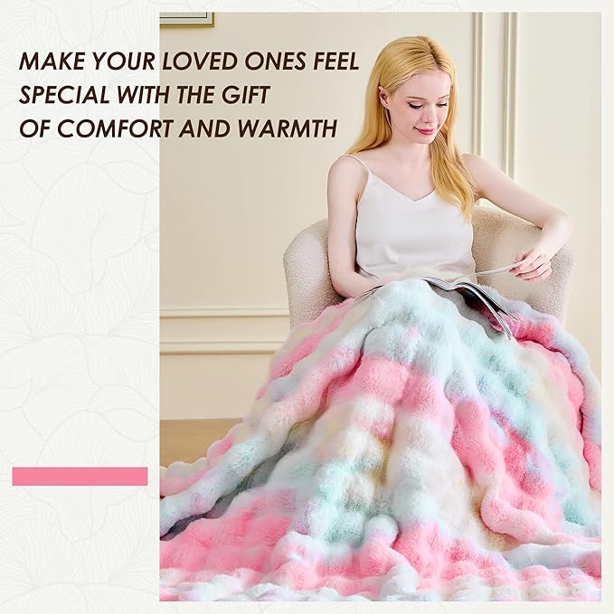 Luxury 1000GSM Faux Rabbit Fur Throw Blanket, Super Heavy Warm Cozy Blankets for Couch Bed Sofa, Bubble Plush Fuzzy Elegant Soft Reversible Mink Blanket for Living Room Bedroom, Rainbow