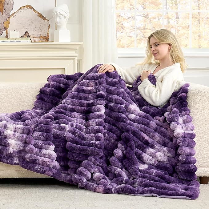 Cozy Bliss Faux Fur Throw Blanket for Couch, Cozy Warm Plush Striped Blanket for Sofa Bedroom Living Room, 60 * 80 Inches Tie-dye Purple