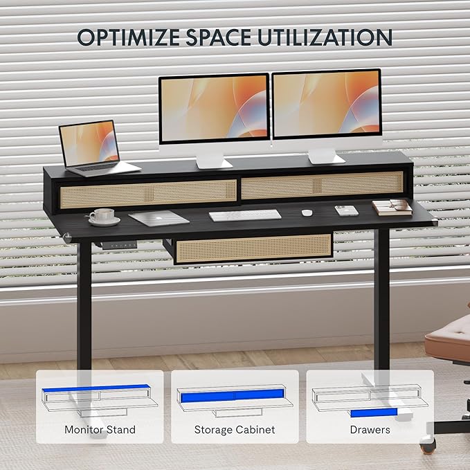 FLEXISPOT Q4 One-Piece Standing Desk with Rattan Drawers, 55 x 24 Inch Adjustable Height, Electric Stand Up Table with Monitor Shelf, Home Office Ergonomic Computer Desk with Memory Presets, Black