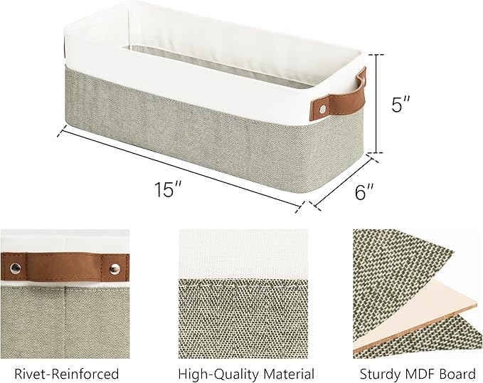 StorageWorks Narrow Storage Bins, Small Basket for Closet and Shelves, Fabric Organizer with Handles, Toilet Paper Storage, Green and White, 2-Pack