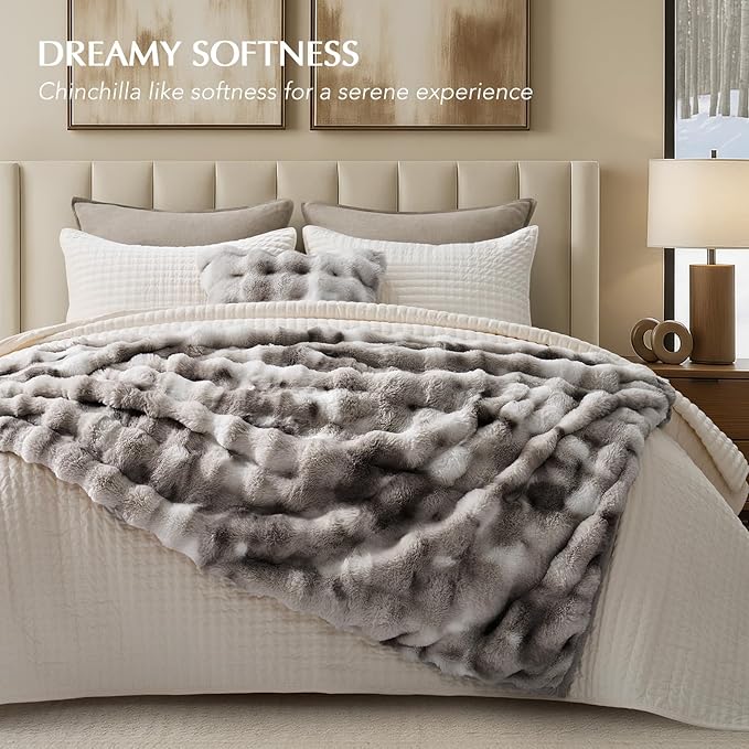 EverGrace Ultra Soft Luxury Fluffy Faux Rabbit Fur Throw Blanket, Thick Warm Bubble Throw for Bed, Cozy Plush Reversible Blankets for Couch, Chair, Sofa, Light Grey, 60x80 Inches