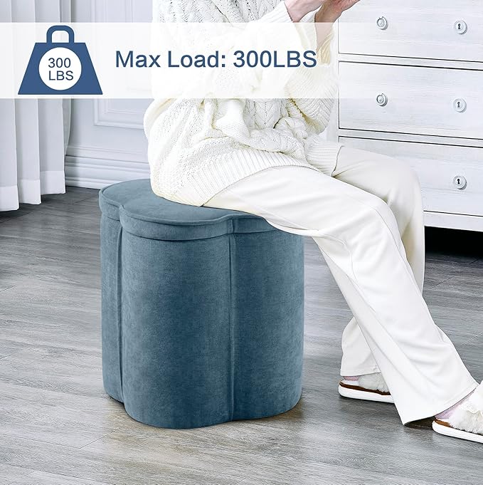 Crestview Collection Flower Pouf Ottoman with Storage,Chenille Fabric Foot Rest for Couch, Small Mordern Footstool for Vanity, Bedroom, Living Room,Under Desk, Navy Blue,18 inches