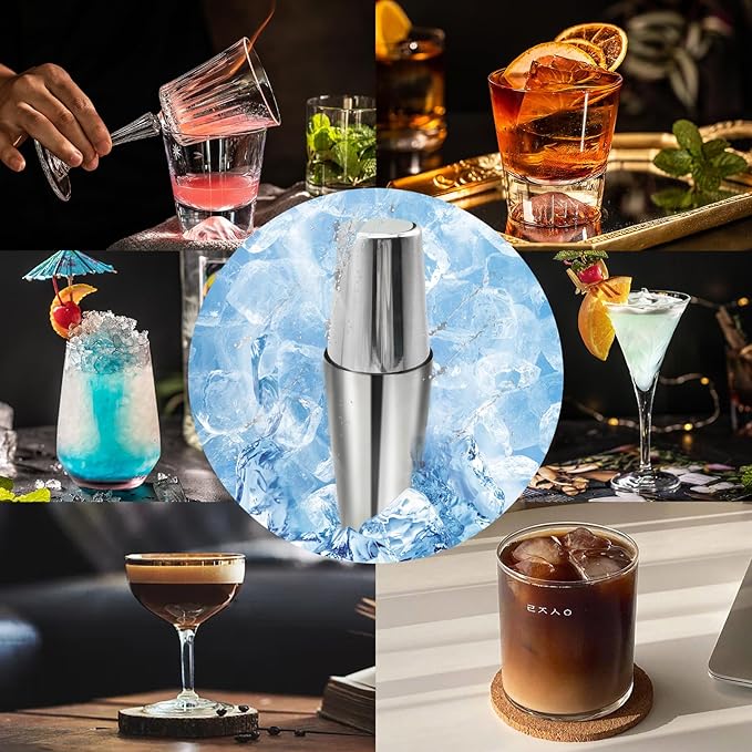 Boston Cocktail Shaker Bar Set, Weighted Boston Shaker Tins, Bartender Kit with 18oz & 28oz Mixed Drink Shaker, Hawthorne Strainer, Double Measuring Jigger - Silver