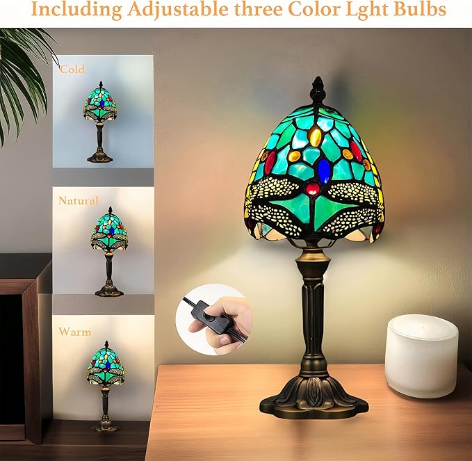 Tiffany Table Lamp,Dragonfly Stained Glass Lamp,Bedside Night Light with Included LED Bulb, Warm White Light for Bedroom/Office Decor,Small Tiffany Style Lamp