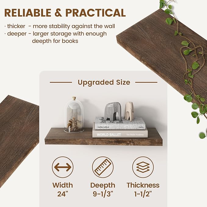 Rustic Elm Wood Floating Shelves for Wall, Live Edge 24"W x 9.2"D x 1.4"H, Set of 2 with Invisible Bracket, Wall Mounted Storage Shelves for Living Room Bedroom Kitchen Bathroom Decor, Walnut Finish
