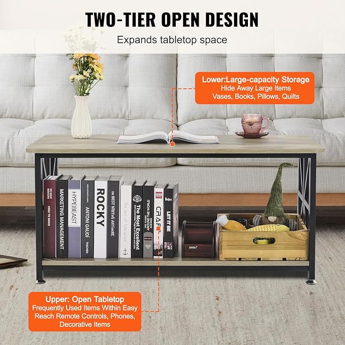 VEVOR 40" Farmhouse Coffee Table, Rectangle Coffee Table with Open Storage Compartment, Wooden Rustic Cocktail Table for Living Room, Bedroom, Apartment, Studio, Brown & Black