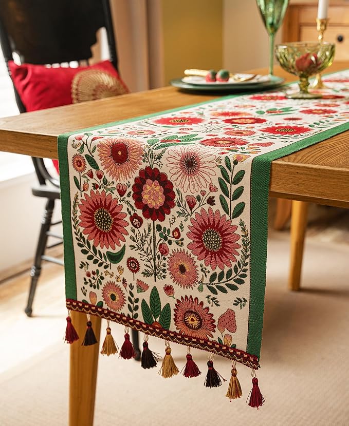 13×72 Inch Table Runner, Retro-Luxury Tassels Series for Kitchen Dining Table Holiday Decoration (Spring Blossom)