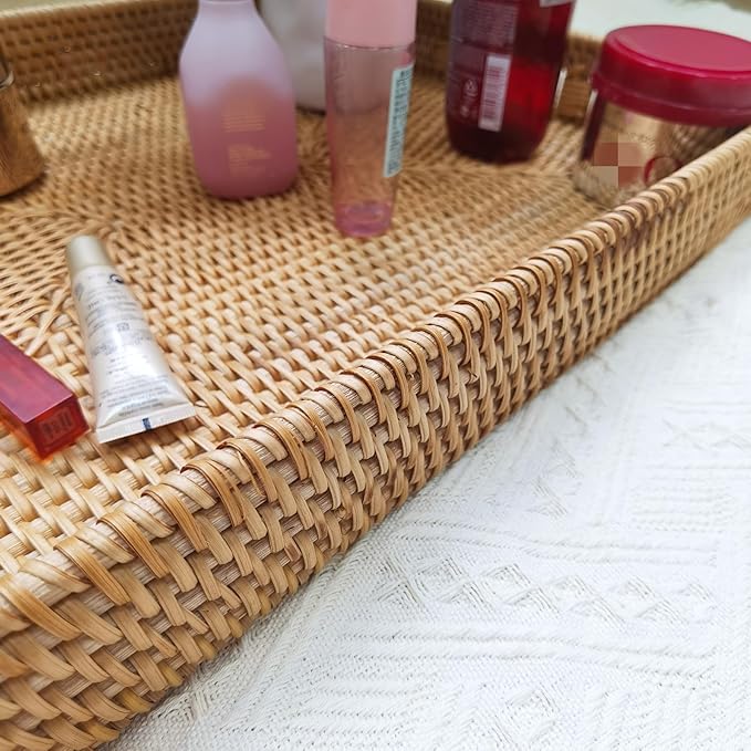 i-lan 20 Inch Handmade Rectangular Countertop Serving Trays with Cutout Handles,Rustic Decorative Rattan Woven Platter Holding Breakfast,Fruits,All Dish and Table Accessories.
