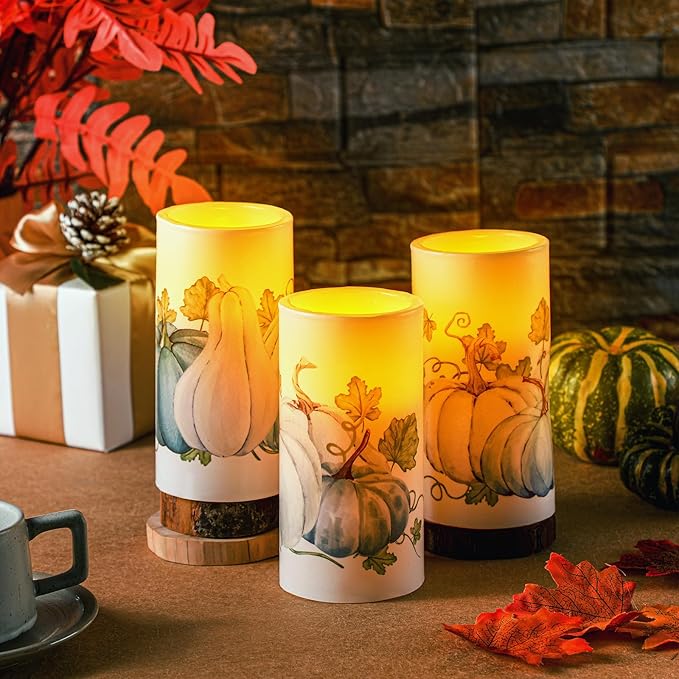 ROCEEI 3 Pack Thanksgiving Fall Flameless LED Candles with Remote Blue Pumpkin Battery Operated Real Wax Black and White Autumn Candles Thanksgiving Decor Gift(Fresh Style)