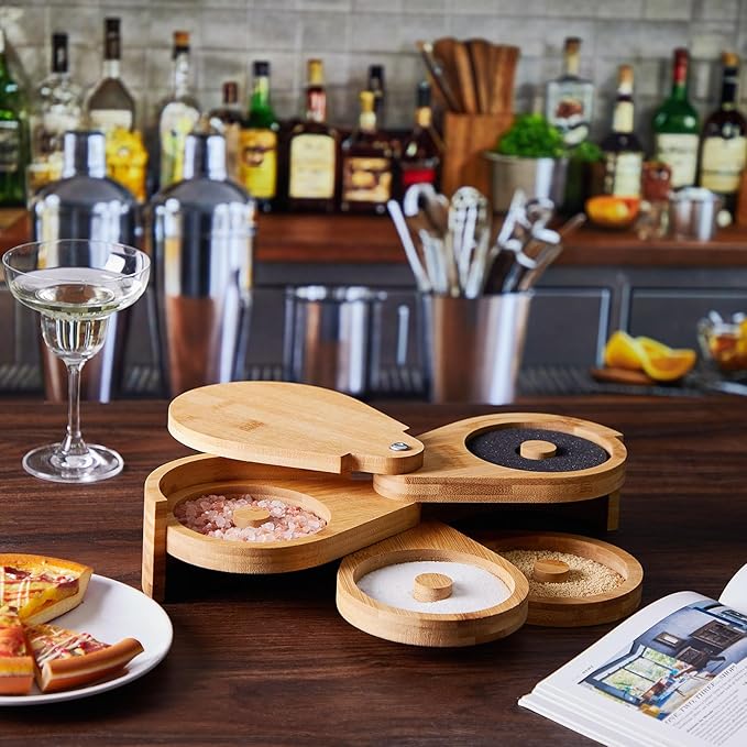 Mifoci Bamboo 4 Tier Margarita Salt Rimmer Set Salt and Sugar Glass Rimmer Set with Lid and 5 Sponges Home Bar Accessories for Cocktails Drinks House Party Bartender Supplies