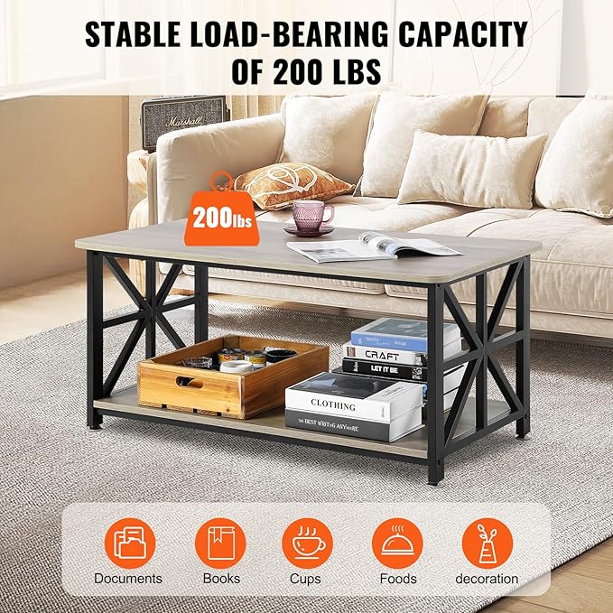 VEVOR 40" Farmhouse Coffee Table, Rectangle Coffee Table with Open Storage Compartment, Wooden Rustic Cocktail Table for Living Room, Bedroom, Apartment, Studio, Brown & Black