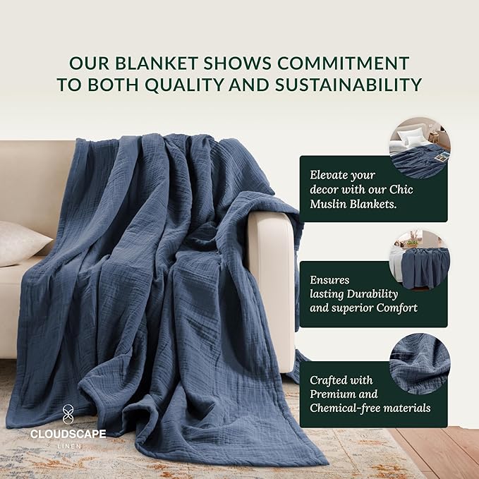 Cloud Scape Linen Extra Large 4 Layer Muslin Throw Blanket - 100% Cotton Gauze, Lightweight & Breathable All Season, Pre-Washed, for Couch & Bed, 50x70, Ensign Blue