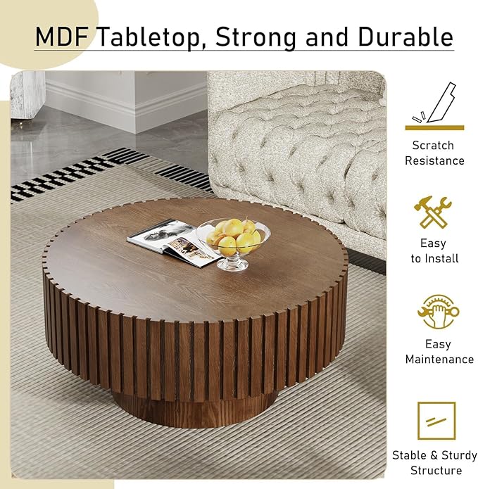 Round Fluted Coffee Table Mid Century Modern Coffee Tables with Handcrafted Relief Circle Drum End Table Rustic Industrial Center Tables for Apartment Living Room (Brown Round)