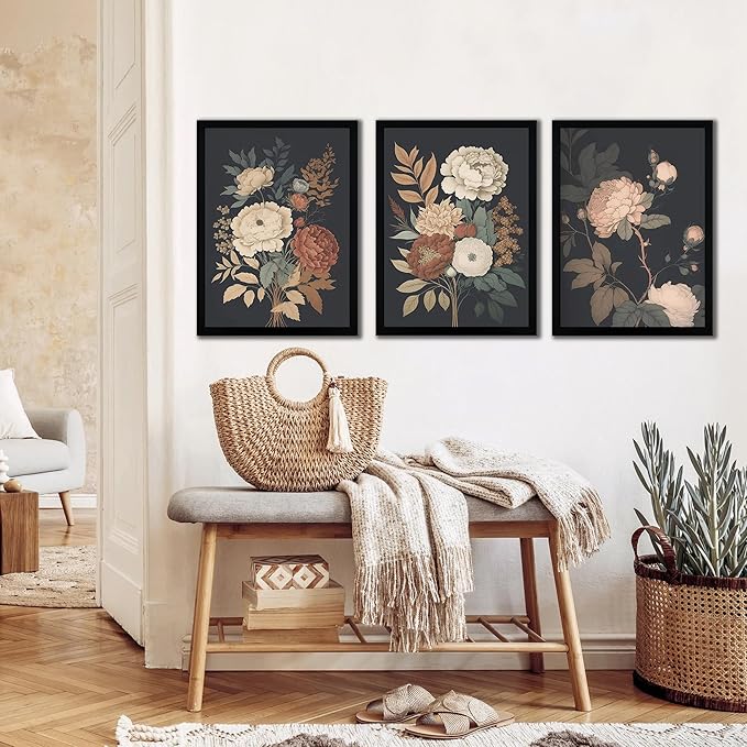 arfitest Vintage Floral Wall Art Dark Plant Canvas Wall Decoration Farmhouse Print Black Peony Painting Wall Decoration Moody Artwork For Living Room Bedroom 12x16 Inch Frame Three-Piece Set