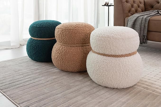 Snowman Footstool Ottoman Teddy Vanity Stool Small Upholstered Boucle Ottoman Shoe Stool Cute Stool Sofa Footrest Stool for Living Room Bedroom Entrance (White)