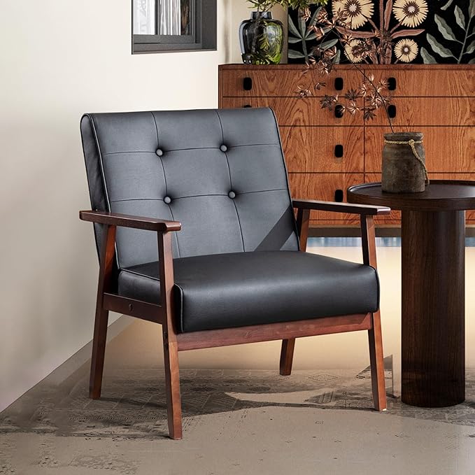 STHOUYN Black Leather Accent Chair for Office, Waiting Room Lobby Chair with Wooden Arms, Mid Century Modern Small Armchair Living Room Sofa Set (Black (Chair))