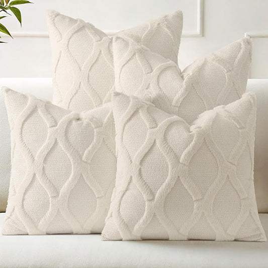 decorUhome Set of 4 Beige Throw Pillow Covers 20x20 Inch, Neutral Decorative Soft Plush Faux Wool Couch Pillow Covers, Farmhouse Pillow Cases for Living Room Bed Sofa