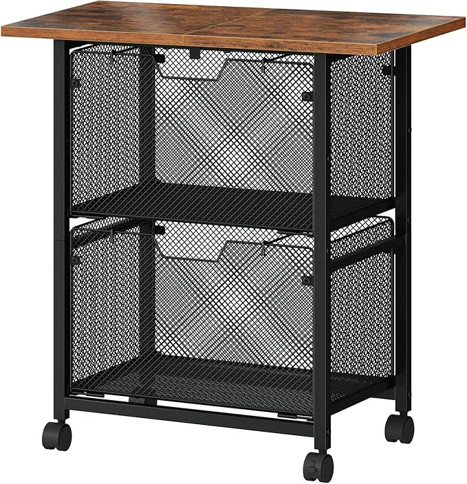 HOOBRO Rolling File Cart, 2 Drawer File Cabinet with 24'' Extended Desktop, Under Desk Mobile Small Filing Cabinet Storage Cart, Printer Stand Utility Cart, for Home Office, Rustic Brown BF41WJ01