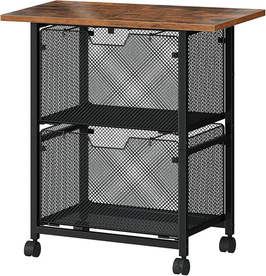 HOOBRO Rolling File Cart, 2 Drawer File Cabinet with 24'' Extended Desktop, Under Desk Mobile Small Filing Cabinet Storage Cart, Printer Stand Utility Cart, for Home Office, Rustic Brown BF41WJ01