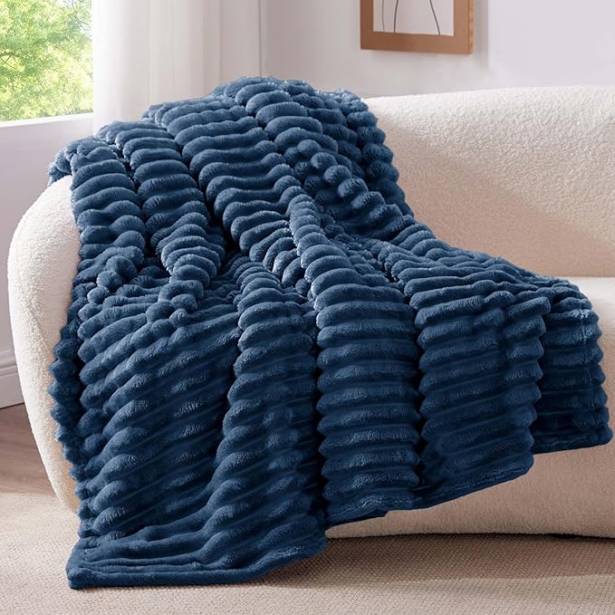 BEDELITE Fleece Throw Blanket for Couch - 300GSM Soft & Warm Fluffy Navy Blanket, Decorative and Giftable Striped Blankets for Women, Men, 50"x70"
