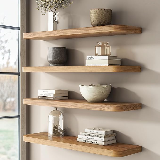 Rustic Elm Wood Floating Shelves for Wall Round Edge, 48"W x 9.2"D x 1.37"H, Set of 1 with Invisible Bracket, Wall Mounted Storage Shelves for Living Room Bedroom Kitchen Bathroom Decor, Natural
