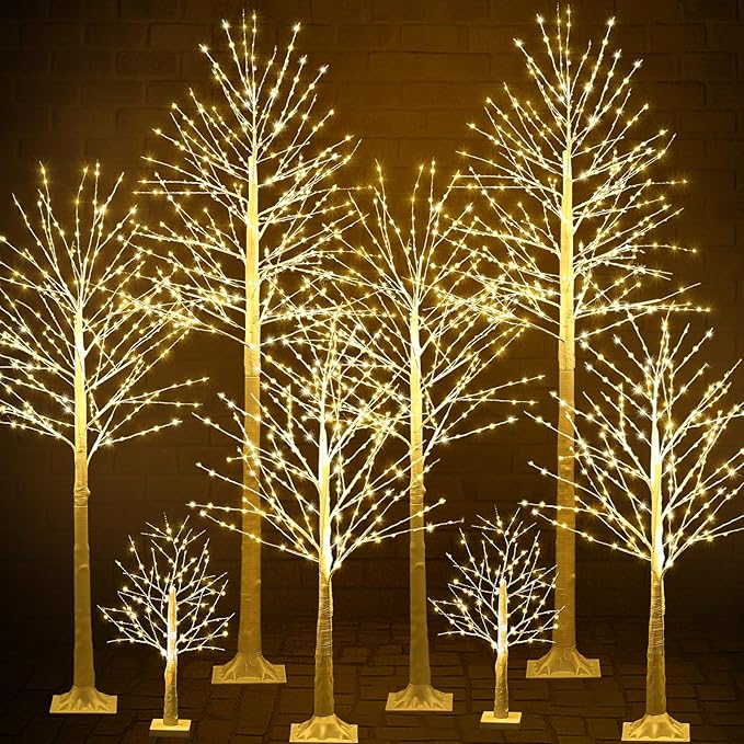 Baquler 8 Pack Lighted Birch Tree - Artificial LED Warm-White Light Birch Tree Decoration for Christmas Holiday Party Wedding Festival Decor, Indoor & Outdoor (2 4 6 8 ft)