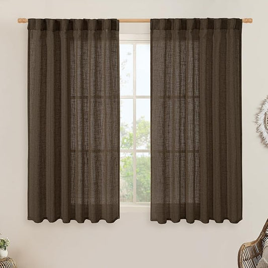 LAMIT Dark Brown Linen Curtains 54 Inch Length 2 Panels, Light Filtering Panels Back Tab and Rod Pocket Neutral Drapes for Bathroom/Window/Bedroom, 52 x 54 Inch
