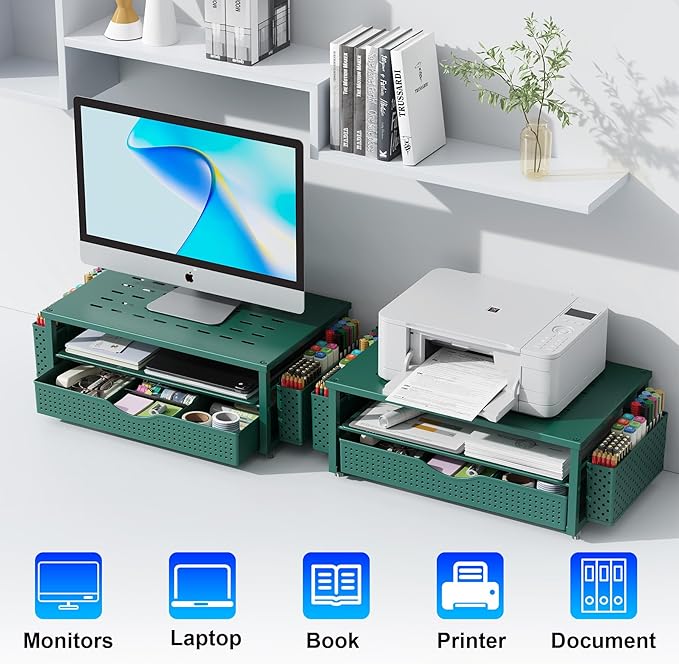gianotter Desk Organizers and Accessories, Monitor Stand with Drawer and 2 Pen Holder, Desktop Organizer Suitable for Offices and Dormitories (Green)