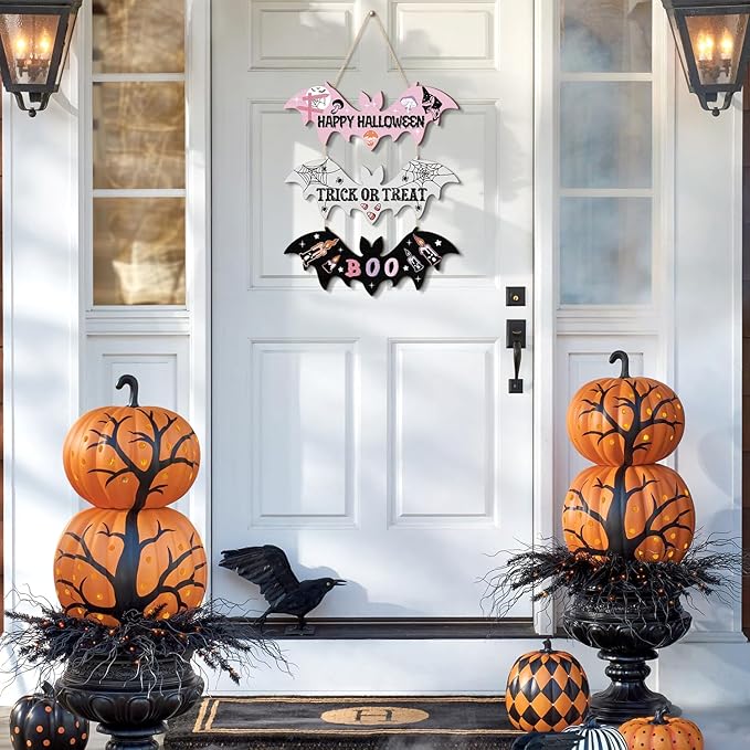 HPNIUB Halloween BOO Door Sign Decorations, Happy Halloween Welcome Hanging Wood Sign for Front Door, Wooden Bat Spider Wooden Plaque Ornaments for Home Wall Halloween Party Decor