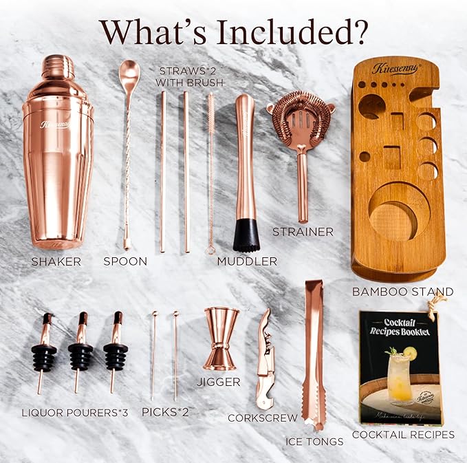 KITESSENSU Cocktail Shaker Set Bartender Kit with Stand - Drink Mixer Bar Set with All Essential Bar Accessory Tools - Martini Shaker Jigger Strainer Mixer Spoon Muddler Liquor Pourers - Rose Gold