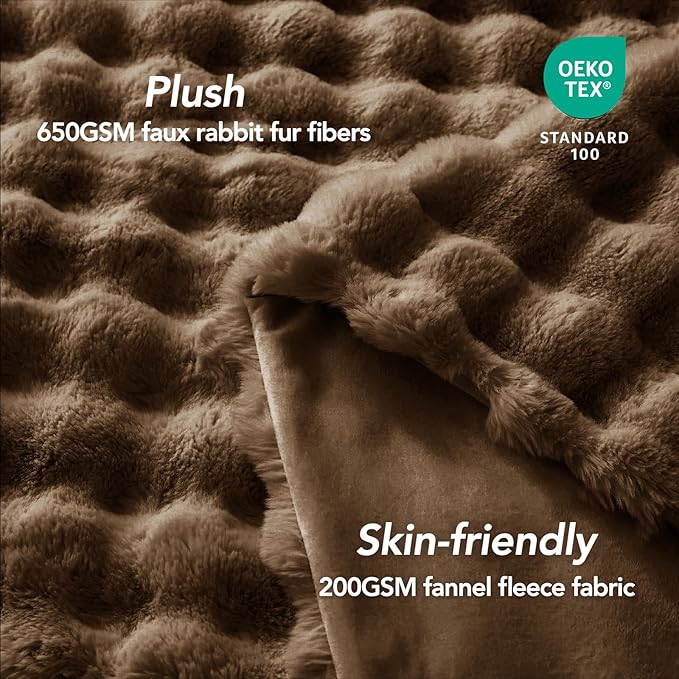 L'AGRATY Faux Rabbit Fur Blanket: 60" x 80" Twin Luxury Soft Fluffy Thick Fur Throw Blanket for Couch Bed Sofa - Cozy Plush Bubble Blankets for Winter: Flannel Fleece Decorative Blanket(Cocoa Brown)