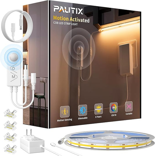 PAUTIX Motion Sensor Strip Lights 24V COB LED Strip Light Motion Activated LED Strip Light 2700K Warm White,20ft Dimmable Super Bright with Dual Lighting Mode,for Under Cabinet,Kitchen,Stairs,Bedroom