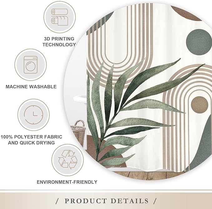 Glawry Boho Shower Curtain Brown Mid Century Abstract Plant Palm Leaves Modern Arch Curve Bathroom Minimalist Geometric Aesthetic 72Wx72L Inches Bath Accessories Art Home Decor Fabric 12 Pack Hooks