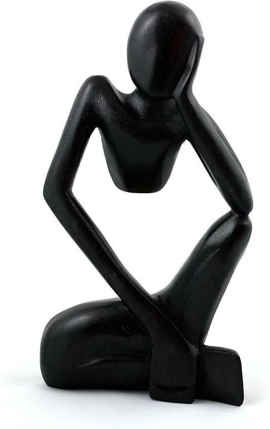 12" Wooden Handmade Abstract Sculpture Thinker Statue Handcrafted - Thinking Man - Gift Art Modern Decorative Unique Home Decor Figurine Accent Decoration Artwork Hand Carved (Black)