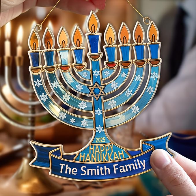 Personalized Hanukkah Suncatchers for Windows - Menorah Shape Ornament, Hanukkah Ornaments for Tree, Merry Chrismukkah Jewish and Christian, House Warming Gifts for Family